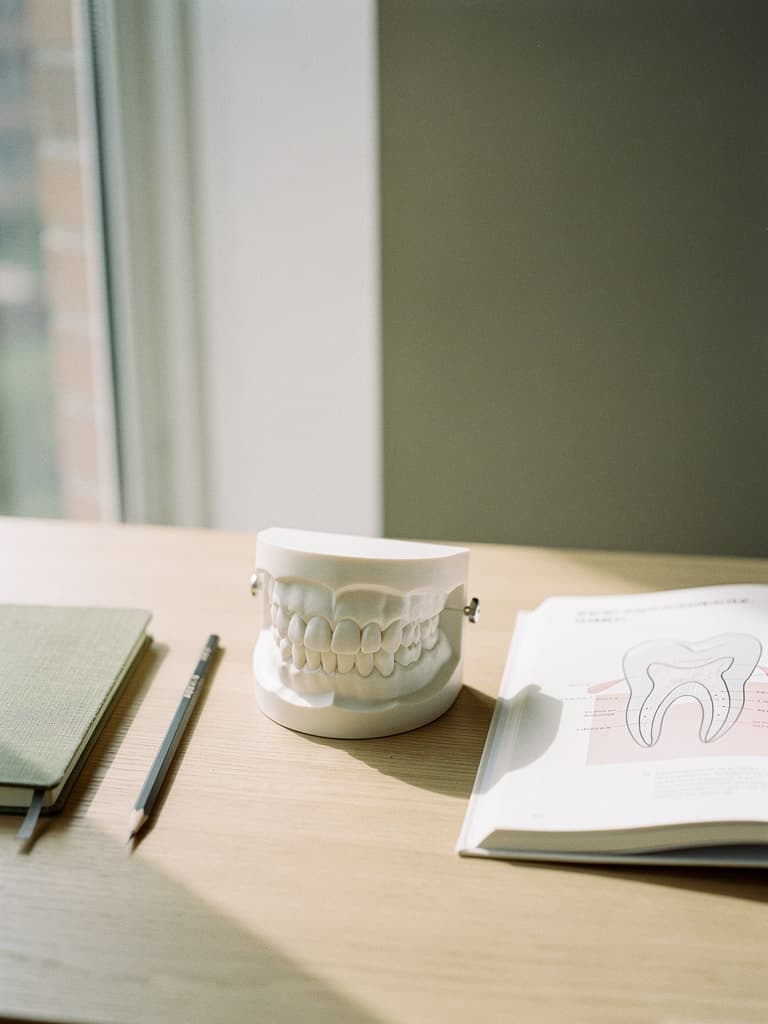 A plaster dental study model, an anatomy textbook and a notebook on a desk by a window